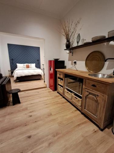 a room with a bed and a kitchen with a counter at Forest View Studio Apartment in Pietermaritzburg