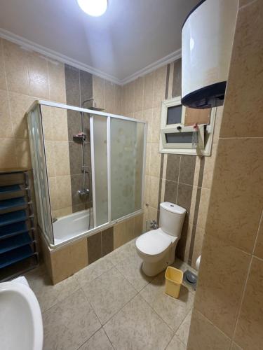 um banheiro com vaso sanitário e box de vidro em Comfyshorouk em Darb al Ḩājj