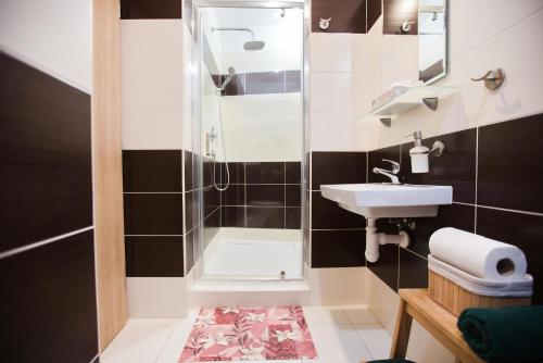 a bathroom with a shower and a sink at Penzion a wellness U Třeboňské madony in Třeboň