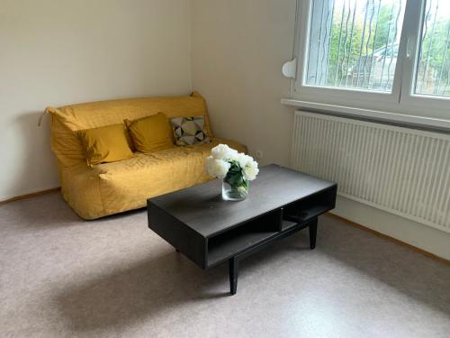a living room with a couch and a table with a vase of flowers at Chambre Spacieuse pour Familles ou Groupes 5 Pers plus Bébé in Hoenheim