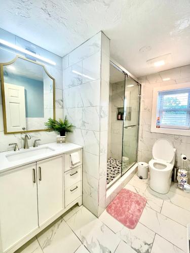 a bathroom with a shower and a toilet and a sink at Cozy 3-Beds in 2-Bedrooms Apartment Near Quincy Adams in Quincy