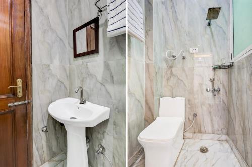 two pictures of a bathroom with a toilet and a sink at Hotel O Golden Swan Hotel Hindon Airport Domestic Terminal Gaziabad in Ghaziabad