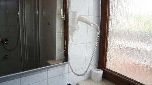 a shower in a bathroom with a mirror at Hotel Dorfkrug Büsum in Büsum
