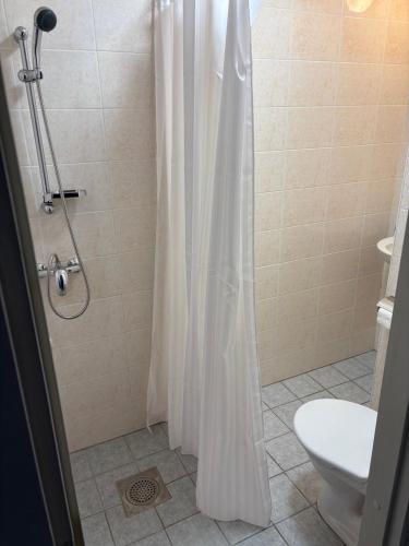 a shower with a white shower curtain in a bathroom at Ravelin in Narva
