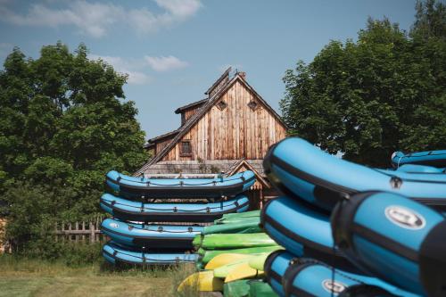 a stack of inflatables in front of a building at Polana Sosny in Niedzica Zamek