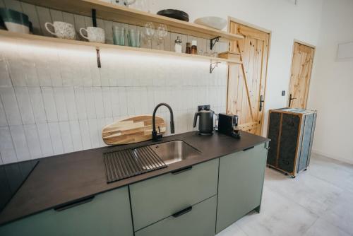 a kitchen with a sink and a counter top at Śliwkowy Sad-Plum Orchard-Jura in Mirów