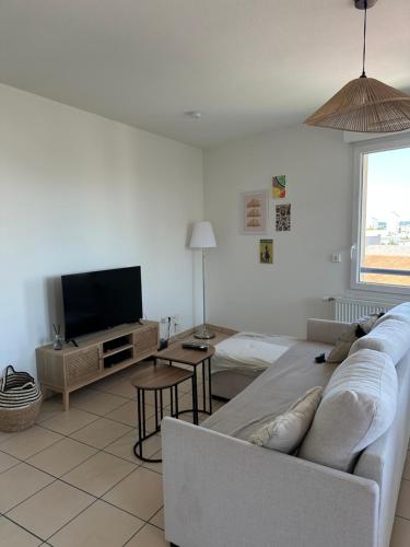 a living room with a couch and a flat screen tv at Appartement T3 in Villeurbanne
