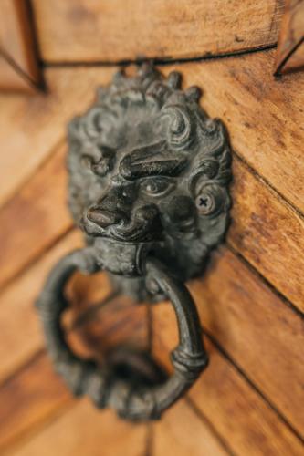 a metal door knocker on a wooden door at Śliwkowy Sad-Plum Orchard-Jura in Mirów