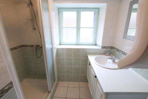 a bathroom with a sink and a window and a shower at Domaine Garmidou in Lucq-de-Béarn