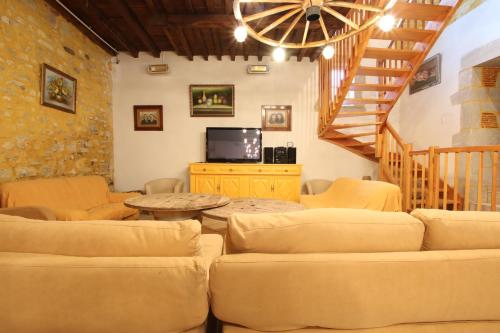 a living room with couches and a table and a tv at Domaine Garmidou in Lucq-de-Béarn