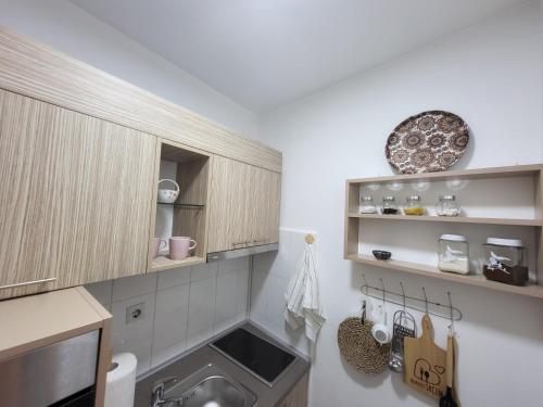 a small kitchen with a sink and a counter at Apartmani Dragulji Krusevac in Kruševac