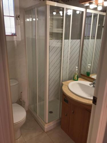 a bathroom with a shower and a toilet and a sink at DUPLEX 3 DORMITORIOS en LA MANGA in San Javier