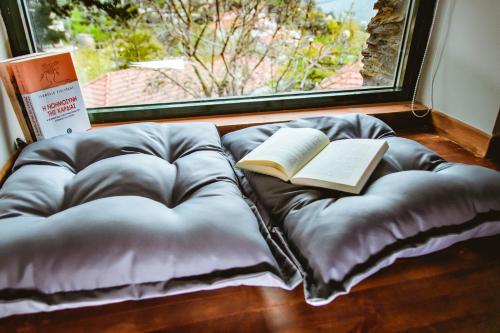 a dog bed with a book on it next to a window at Traditional Apartments Elafos in Elafonisi