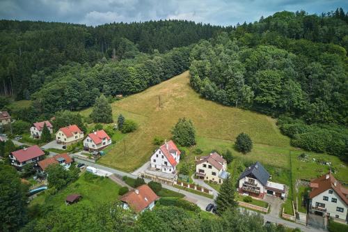 an aerial view of a house on a grassy hill at Apartmán Svoboda in Svoboda nad Úpou