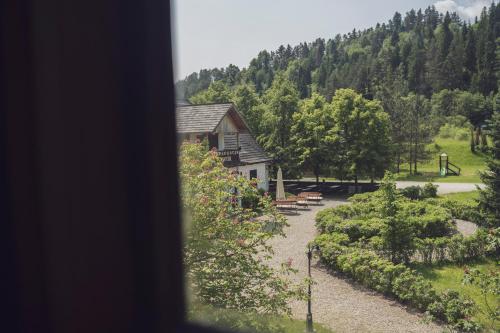 a view from a window of a garden with a building at Polana Sosny in Niedzica Zamek