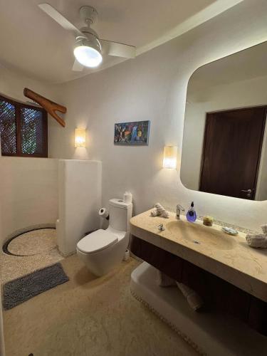 a bathroom with a toilet and a sink and a mirror at Punta Majahua by PRC Hospitality in La Majahua