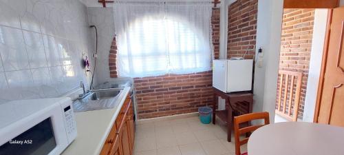 a kitchen with a sink and a brick wall at Hospedaje Migue y Cata y Centro Holístico Kuatlicue in Chignahuapan