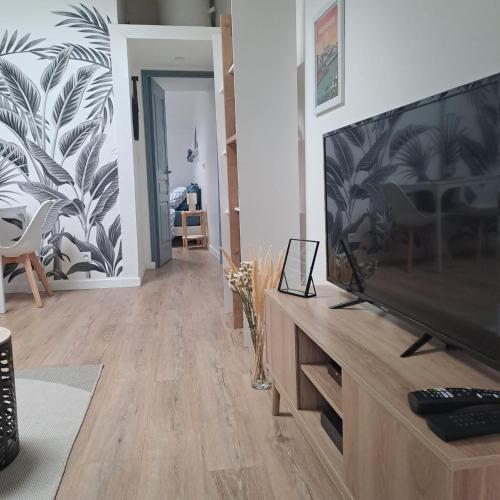 a living room with a large flat screen tv at Coeur bleu de Ribérac - hyper centre in Ribérac