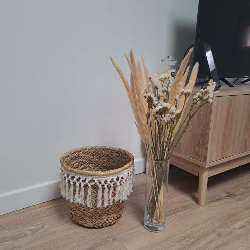 a vase of flowers and a basket next to a tv at Coeur bleu de Ribérac - hyper centre in Ribérac