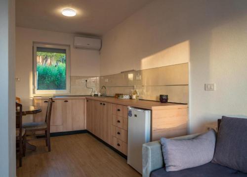 a kitchen with a couch and a table and a window at SUNSET Villa Apartments in Ohrid
