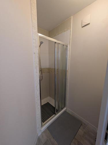 a shower with a glass door in a bathroom at L'appartement Paulange in Laprade