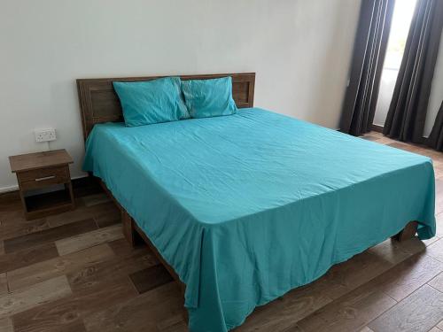 a bedroom with a bed with a blue comforter at Blaclava Retreat in Balaclava