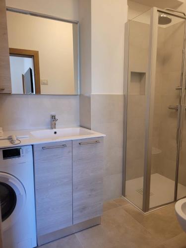 a bathroom with a sink and a washing machine at Posta Apartments in Colle Santa Lucia