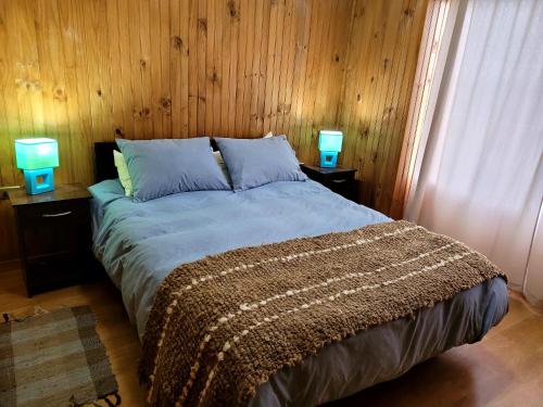Una cama o camas en una habitación de CABAÑA AZUL Y VERDE