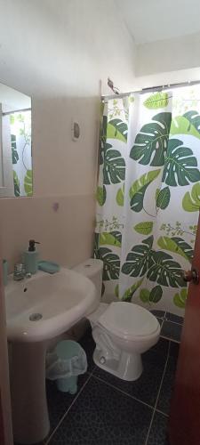 a bathroom with a sink and a toilet and a shower curtain at Hospedaje Dase in Oxapampa