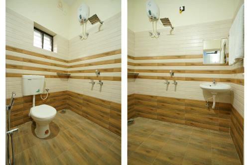 two pictures of a bathroom with a toilet and a sink at Hotel O Majestic Stays in Kazhakuttam