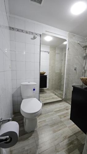 メデジンにあるHotel casa yotamaのトイレとシャワー付きのバスルーム