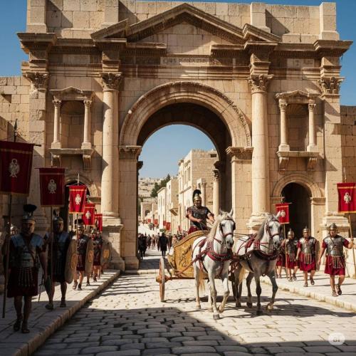 a group of men in armor riding in a horse drawn carriage at شاليه بانا جرش in Jerash