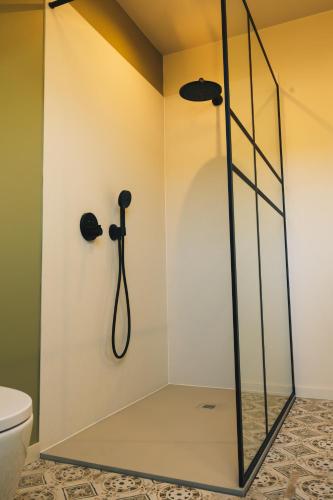 a shower stall in a bathroom with a toilet at B&B 't Kruidenhof in Assenede