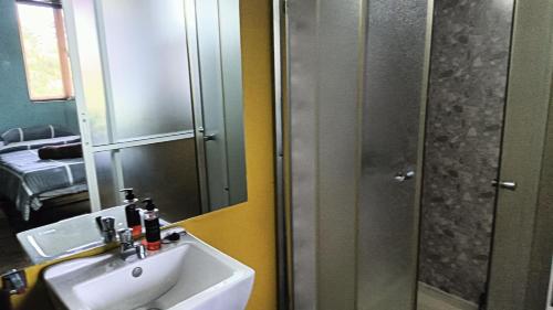 a bathroom with a sink and a shower with a mirror at Palms Villa in Negombo