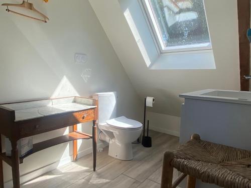 a bathroom with a toilet and a sink and a window at Maison cosy à 5 min de la plage de Poulziourec ! - FR-1-813-32 in Groix