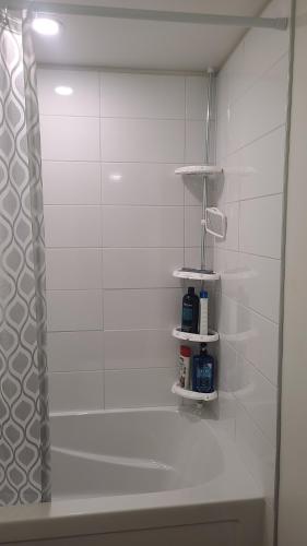 a bathroom with white walls and a shower with shelves at Two luxury bedrooms in the basement in Winnipeg