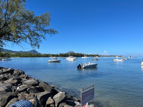 a group of boats in the water on a lake at Tropical Cottage in Tamarin