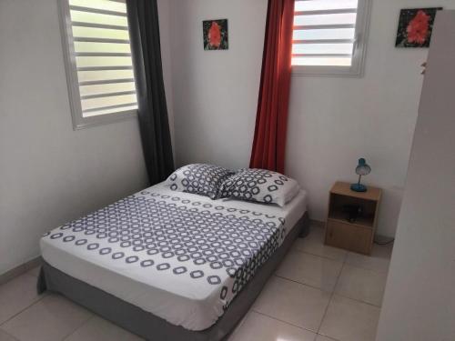 a bedroom with a bed and two windows at Maison charmante à Rivière-Pilote avec vue sur la montagne in Rivière-Pilote
