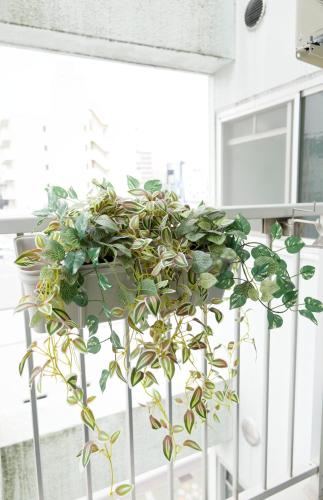 a plant in a white vase on a window sill at GS63 名古屋 栄Areaおしゃれな和洋ルーム観光ビジネス周辺アクセス最高 in Nagoya