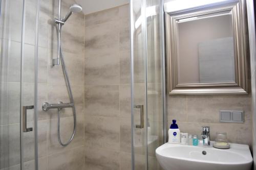 een badkamer met een douche en een wastafel bij Kuršu krogs in Dižstende