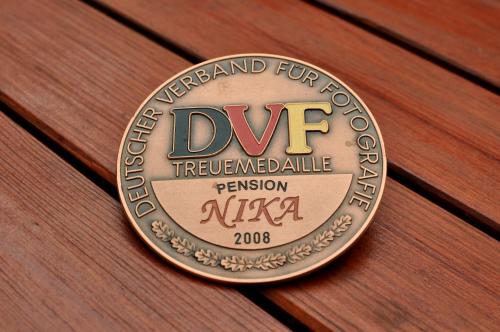 a medal for a diver is on a wooden table at Pension Nika in Český Krumlov