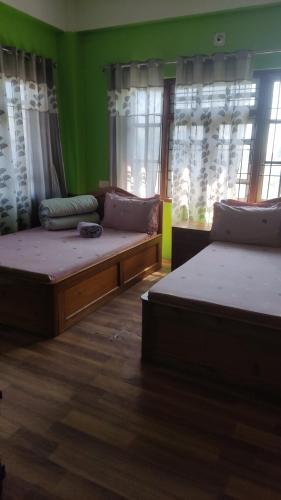 SuryodayaにあるRinchhen Hotel And Lodgeの緑の壁と窓のある部屋にベッドが2つある