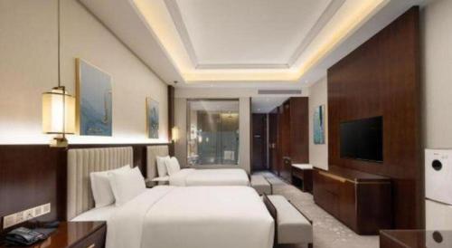 a hotel room with a bed and a television at Linyi Blue Horizon International Hotel Yi He in Linyi