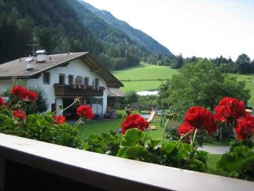 a view of a house with red flowers on a balcony at Lahnerhof in Campo Tures