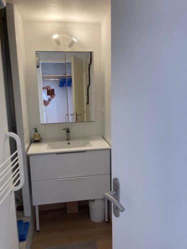a bathroom with a sink and a mirror at Maisons du lac in Le Barcarès