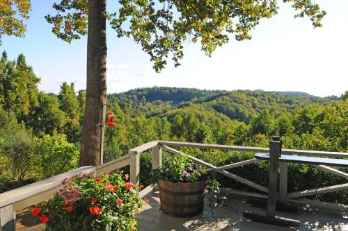 a balcony with a bench and flowers and a tree at Orchard Inn in Saluda