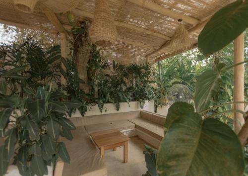 a porch with plants and a bench and a table at Roaming Retreat Ahangama in Ahangama