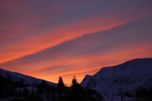 a sunset over a snow covered mountain with trees in the foreground at Fjellstova Ørskogfjellet Cottages in Sjøholt