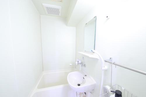 札幌市にあるシティスカイコートの洗面台と鏡のある白いバスルーム