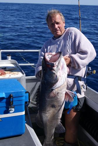 a man standing on a boat holding a large fish at Tourist Court Motel in Whakatane